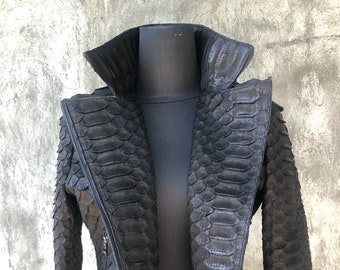 King python leather jacket, Women's snakeskin jacket, Dragon python jacket, Leather Bike jacket, Leather Motorcycle jacket