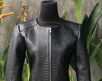 Woman's Leather Jacket, Crocodile Print Leather Jacket, Black Leather  Blazer - Etsy