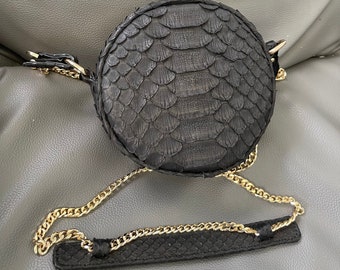 Round Python Leather Bag, Snakeskin Crossbody Bag, Python Purse, Petty Leather Bag, Evening small bag, Leather Round Bag