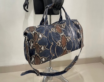 Snakeskin Weekender Travel Bag, Python Leather Weekender Bag, Leather Duffel Bag, Snakeskin Gym Bag,Leather Hand Luggage