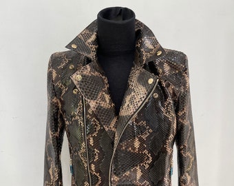 Custom Man’s  Snakeskin Biker Jacket, Motor Python Leather Jacket, Brown Leather Jacket For Man