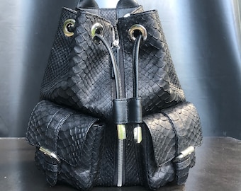 ヘビ革バックパック-パイソンレザーバッグ/パイソンレザーブラックリュックサック-パイソンヘビ革バックパックバッグ