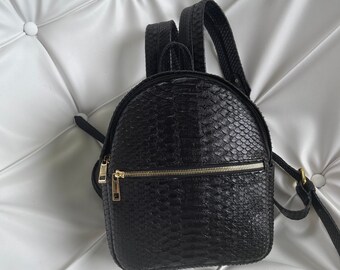 Python Leather Backpack, Black Snakeskin Backpack, Black Leather Rucksack, Woman’s Bag, Python Leather Bag