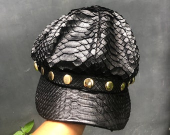 ヘビ革帽子、パイソンレザーキャップ、黒ヘビ革帽子、レザーキャップ、パイソン帽子