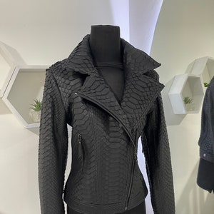 King Python Leather Jacket, Woman’s Black Snakeskin Jacket, Biker Leather Jacket, Dragon Snakeskin Jacket