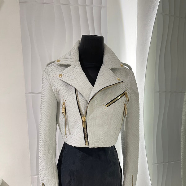 Woman's Snakeskin White Jacket |  Python Leather Biker Jacket | Motorcycle Leather Jacket | White Leather Jacket