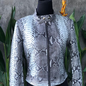 May include: A white and gray snakeskin jacket with a zipper closure. The jacket has a stand-up collar and long sleeves.