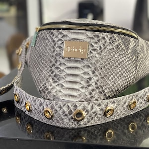 May include: A grey snakeskin fanny pack with a gold zipper and a gold logo that says "Diejo". The bag has a detachable strap with gold eyelets.