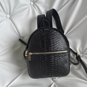 May include: A black faux leather backpack with a snakeskin pattern and gold zipper accents.