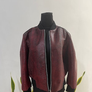 May include: A red and black bomber jacket with a snakeskin pattern. The jacket has a zip closure and ribbed cuffs and waistband.