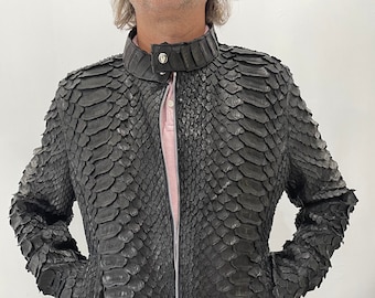 Man's KING Snakeskin Jacket, Black python leather jacket for men, Natural snakeskin bomber, Leather Moto Jacket For Man, Custom Biker Jacket