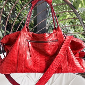 Snakeskin Weekender Duffle Bag, Red Python Leather Weekender Bag, Red Leather Weekender Bag, Leather Travel Bag, Leather Luggage
