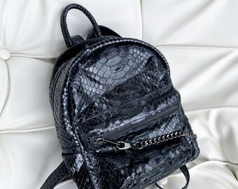 Snakeskin Backpack | Unisex Black Python Leather Backpack | Glossy Snakeskin Rucksack | Soft  Leather Backpack