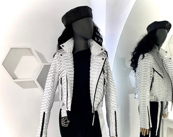 ホワイトレディーススネークスキンジャケット、キングパイソンレザージャケット、ホワイトドラゴンパイソンレザージャケット、ホワイトレザーブレザー