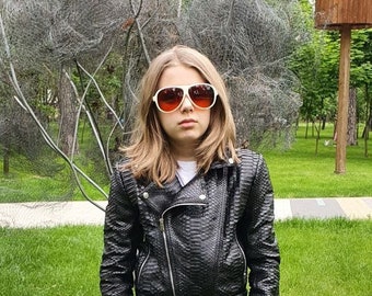 Boy’s Snakeskin Jacket, Kid’s Leather Biker Jacket, Black Python Leather Jacket, Teenager’s Leather Jacket