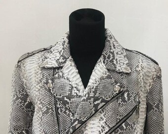 Man&#39;s Snakeskin Biker Jacket, Python Leather Biker Jacket, Motorcycle Leather Jacket For Man, Custom Biker Jacket