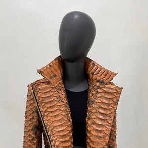 以下が含まれることがあります： ジッパー留めの茶色のヘビ革ジャケット。ジャケットはスタンドカラーと長袖です。