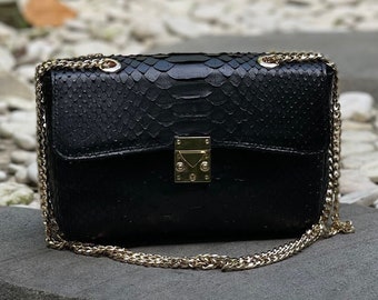 Snakeskin Crossbody Bag, Real Python Leather Bag,, Python Purse, Petty Leather Bag, Evening small bag, Black Leather Bag