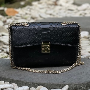 Bolso bandolera de piel de serpiente, bolso de piel de pitón auténtica, monedero de piel de pitón, bolso de piel de pitón, bolso pequeño de noche, bolso de piel negro