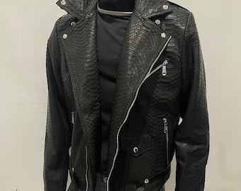 Man's Snakeskin Jacket, Python Leather Jacket, Black Leather  Biker Jacket, Man's Moto Jacket, Custom Biker Jacket