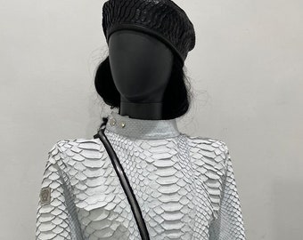 カスタムスネークスキンレザージャケット、キングパイソンレザージャケット、ホワイトドラゴンパイソンレザージャケット、ホワイトレザーブレザー