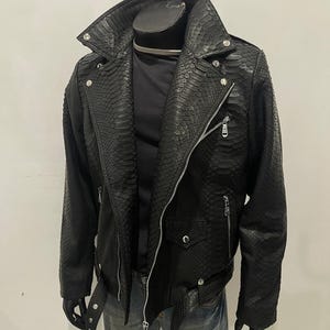Man's Snakeskin Jacket, Python Leather Jacket, Black Leather  Biker Jacket, Man's Moto Jacket, Custom Biker Jacket