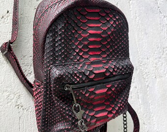 Python Leather Backpack,  Snakeskin  Backpack, Red Leather Rucksack, Custom Leather Backpack
