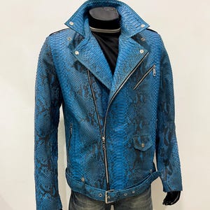 Custom Man’s Snakeskin Biker Jacket, Motor Python Leather Jacket, Blue Leather Python Jacket For Man