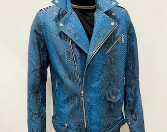 Custom Man’s Snakeskin Biker Jacket, Motor Python Leather Jacket, Blue Leather Python Jacket For Man