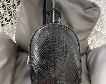 Python Leather Backpack, Black Snakeskin Backpack, Black Leather Rucksack, Woman’s Bag, Python Leather Bag