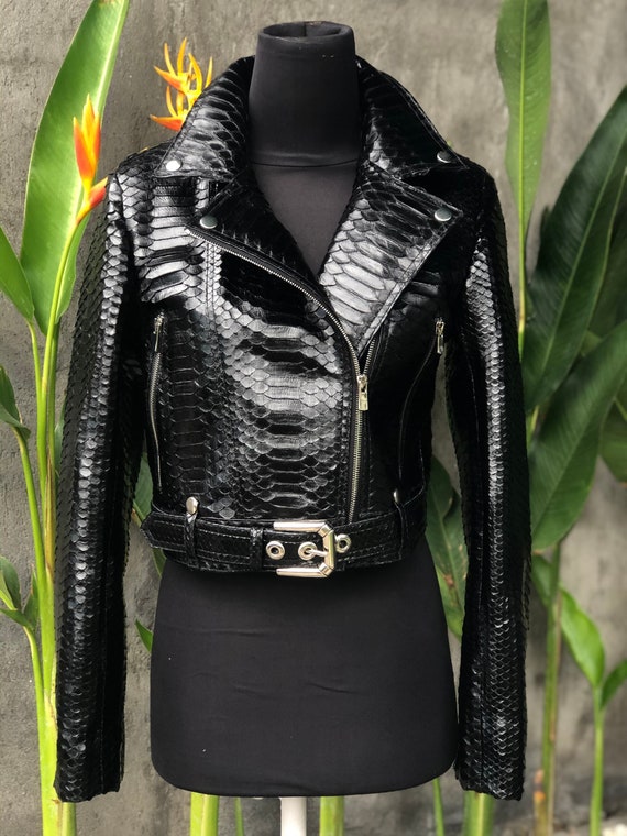 Womens Snakeskin Jacket Python Leather Jacket Black Glossy 