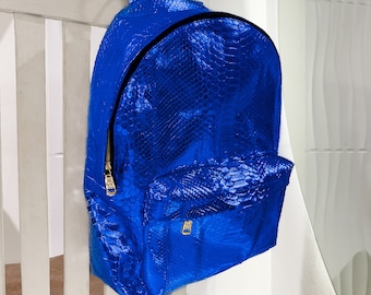 Unisex Metallic Blue Python Leather Backpack, SnakeSkin Backpack, Blue Snakeskin Rucksack, Blue Leather Backpack