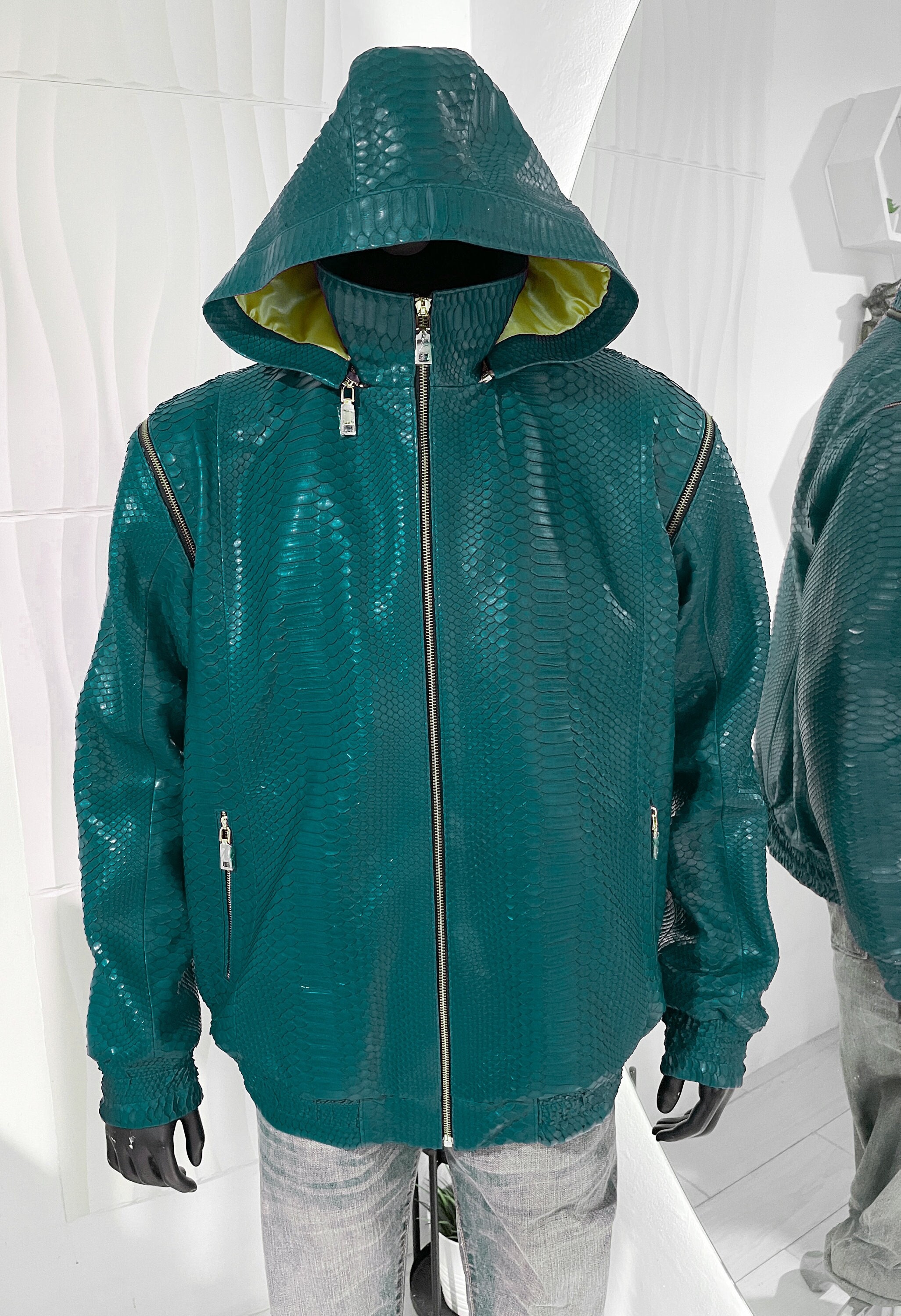 Man's Hooded Snakeskin Jacket Vest, Green Python Leather Jacket ...