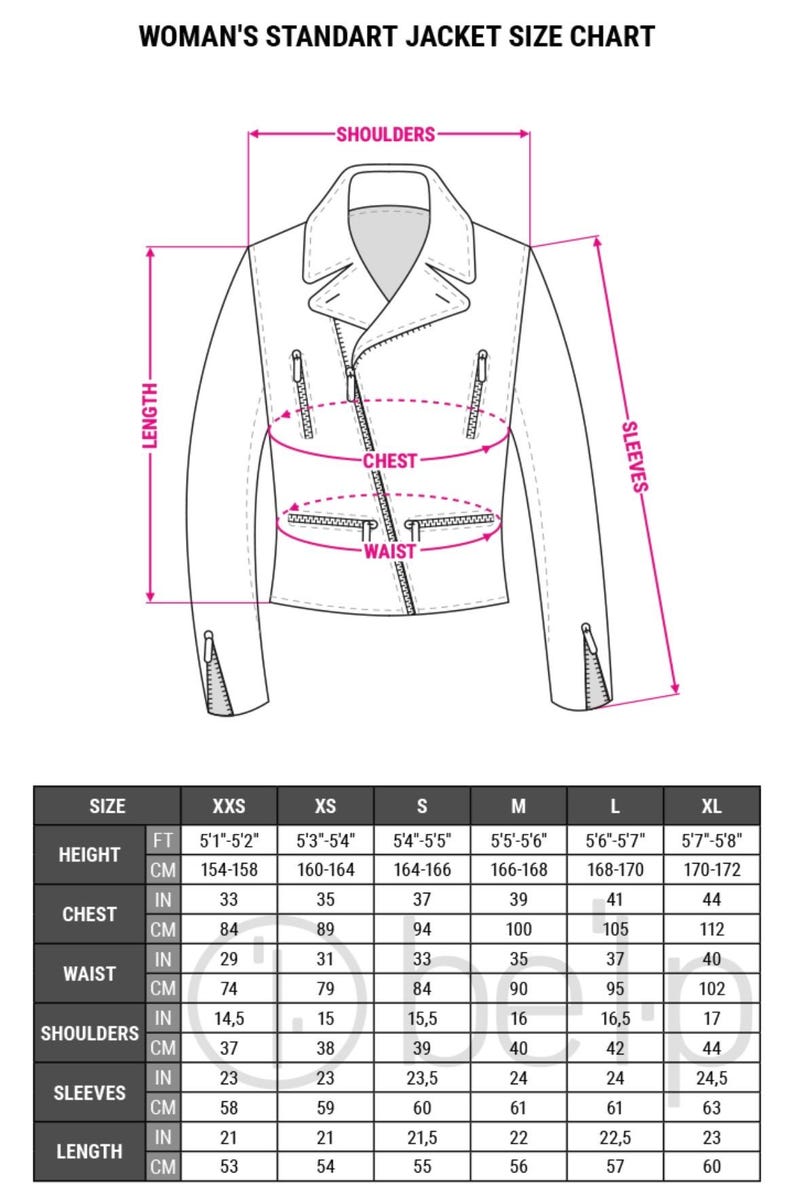 May include: A size chart for a jacket with measurements in inches and centimetres. The chart shows the size, height, chest, waist, shoulders, sleeves, and length for sizes XXS, XS, S, M, L, and XL.