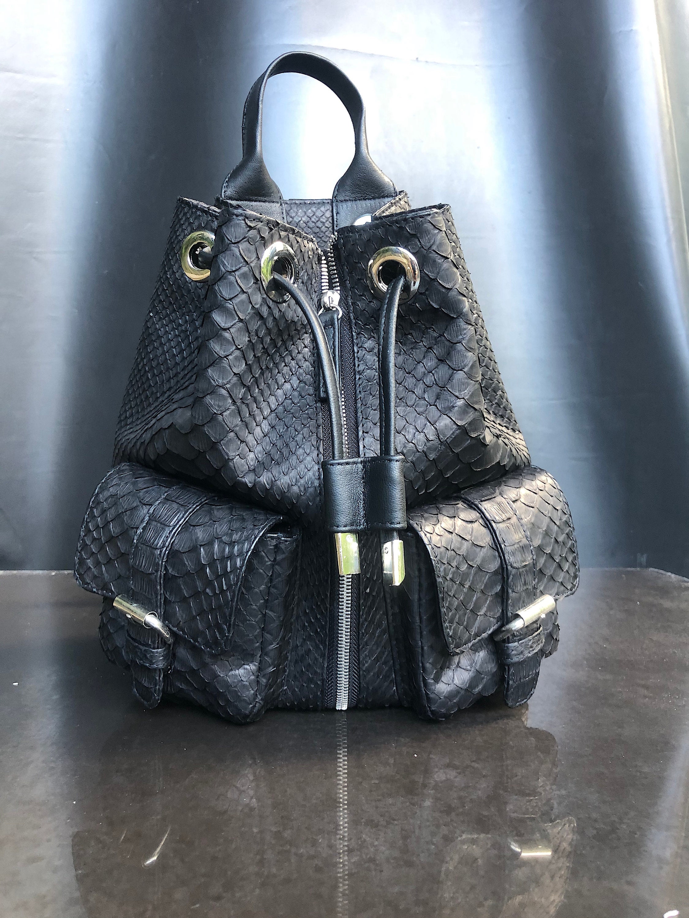 Snakeskin Backpack-Python leather bag/Python Leather Black | Etsy