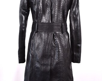 Black Snakeskin Women's Coat, Trench Leather Coat, Long