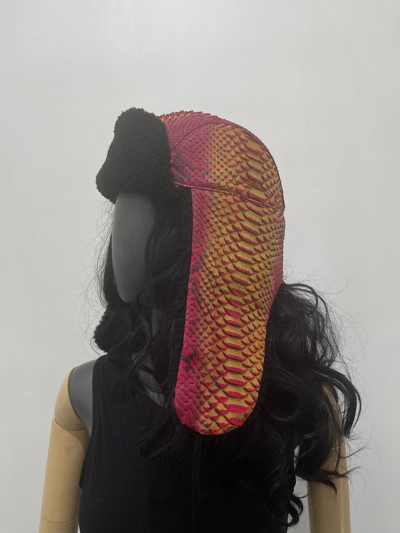 Python Leather Trapper Hat, Winter Snakeskin Hat image 1