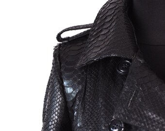 ジャケット・アウター unknown black pythons long coat Black Genuine Python Skin Gold Zipper Men's Exotic Leather