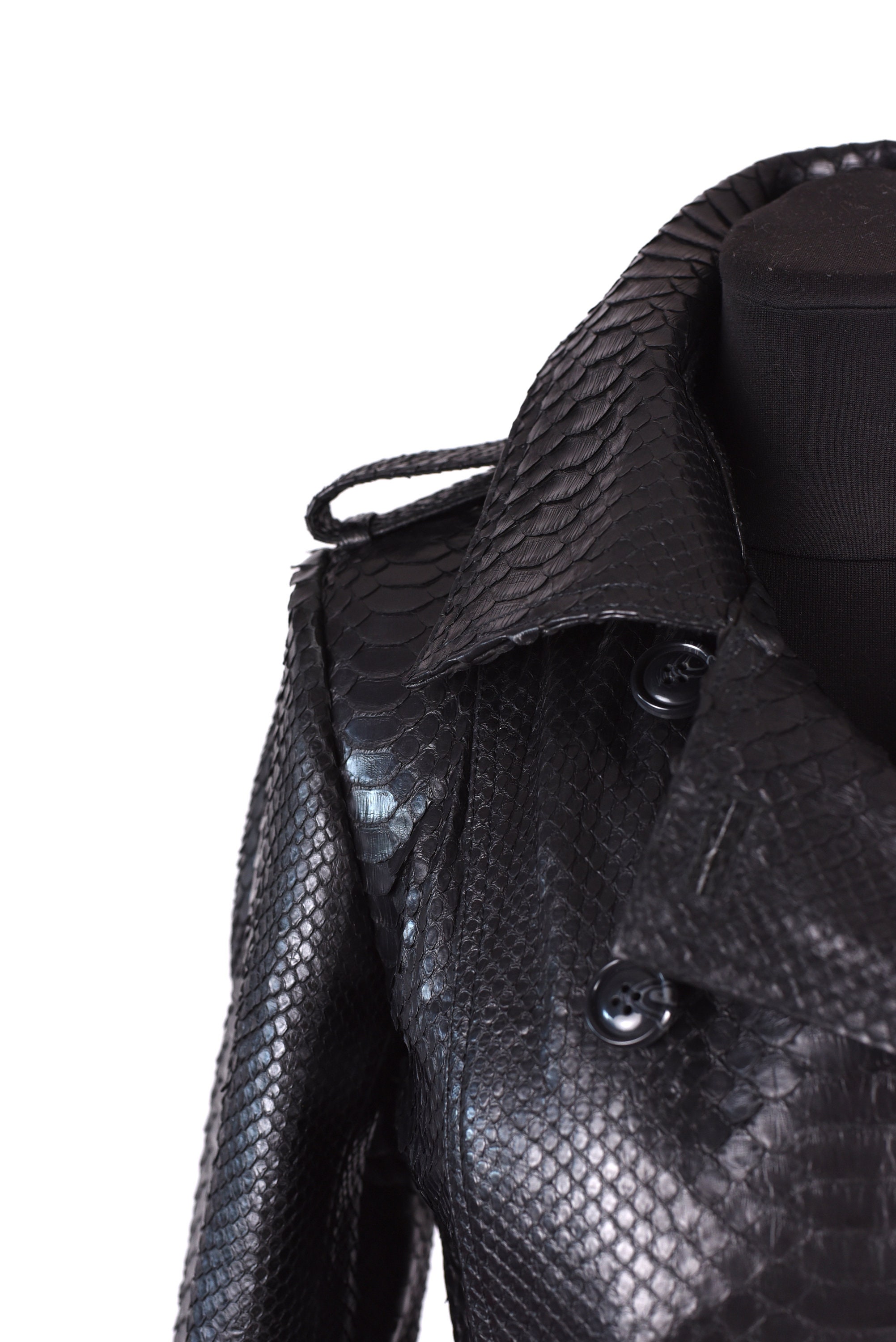 Black Snakeskin Women's Coat, Trench Leather Coat, Long
