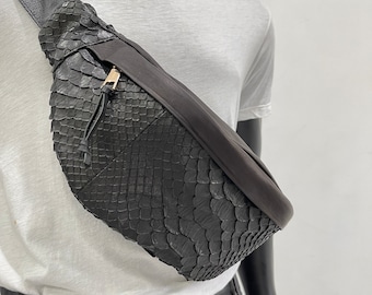 Snakeskin Unisex Fanny Pack, Python Leather Waist Bag, Snakeskin Belt Bag, Leather Hip Pouch, Festival Leather Bag, Leather Belt Bag