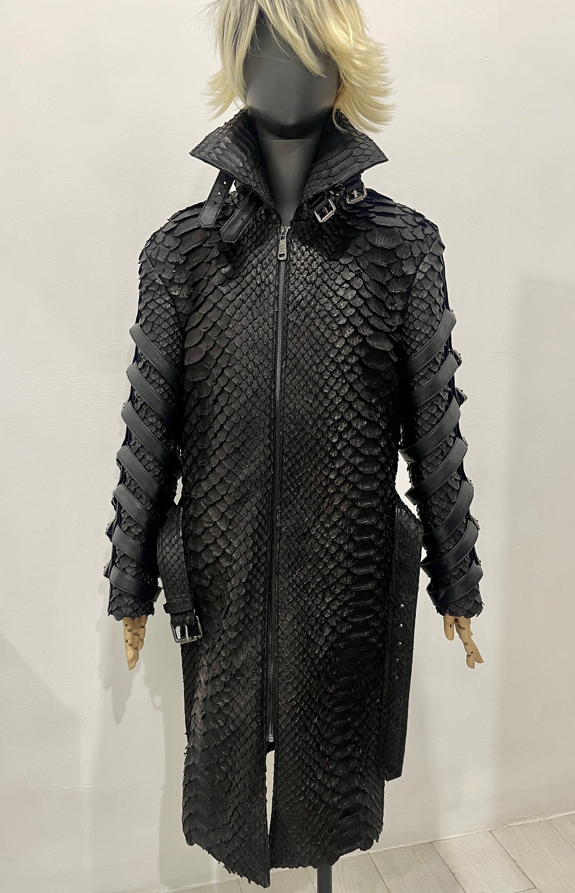 ジャケット・アウター unknown black pythons long coat KING Snakeskin Jacket, Black Dragon Python Leather Jacket