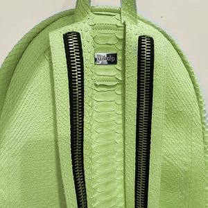 May include: A lime green snakeskin backpack with two zippered compartments and a silver metal tag that says "Obelp".