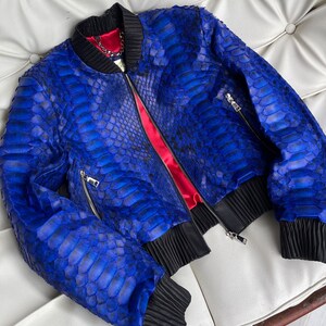 Men's V-Bomber Blue Python Skin Leather Jacket main image 1