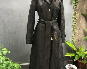 Snakeskin Long Women's Coat, Long Python Leather Trench, Black