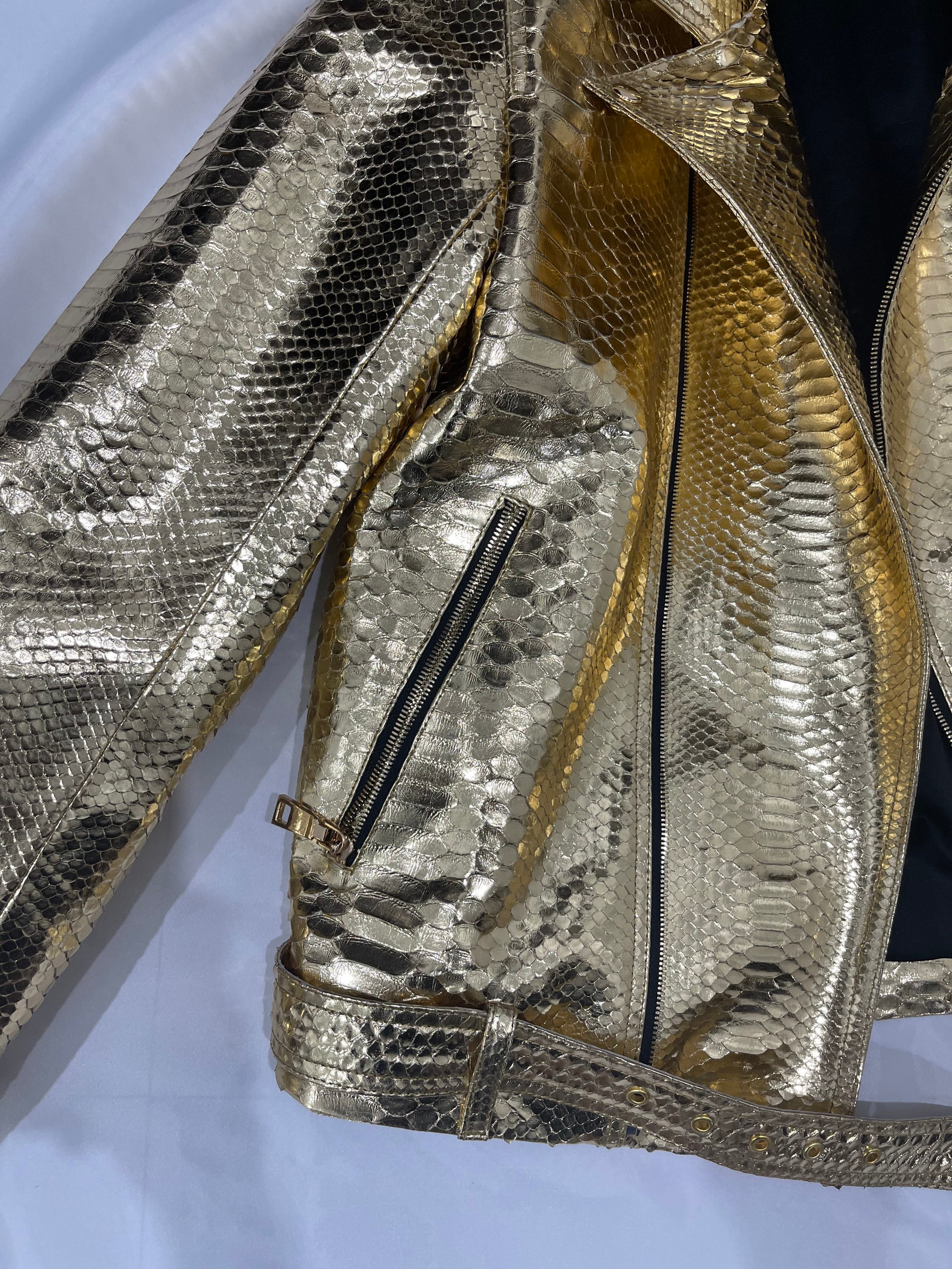 Golden Snakeskin Jacket, Python Leather Moto Style Jacket Golden Snakeskin Jacket, Python Leather Moto Style Jacket
