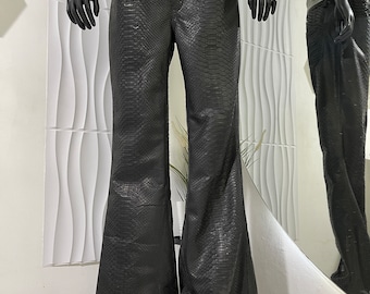 Pantalones acampanados de piel de pitón, pantalones de piel de serpiente, pantalones acampanados de piel negra, pantalones acampanados de piel de pitón auténtica