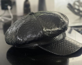 ヘビ革帽子、パイソンレザーキャップ、黒ヘビ革帽子、レザーキャップ、パイソン帽子