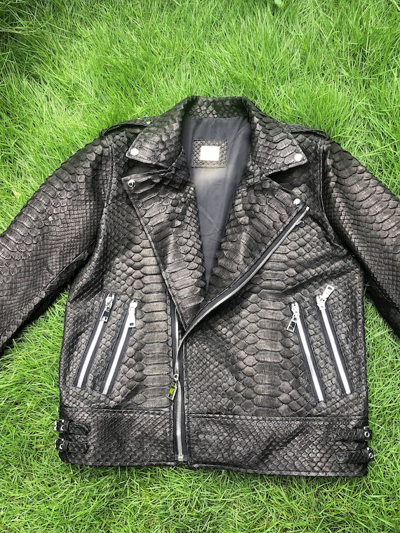 BlpHandcraftAtelier Men's Dragon Snakeskin Jacket, Black Python Leather Jacket for Men, Natural Snakeskin Bomber, Leather Moto Jacket, Biker Jacket for Men
