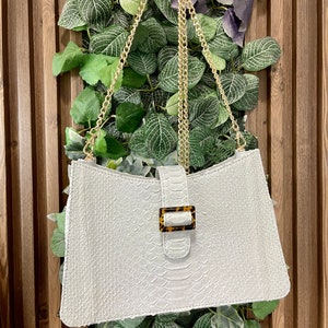 Woman Python Leather Handbag, Snakeskin Crossbody Bag, Python Purse, White Leather Bag, Medium size leather bag
