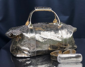 Snakeskin Weekender  Bag, Golden Python Duffel Bag, Golden Leather Traveling Bag, Python Leather Duffel Bag
